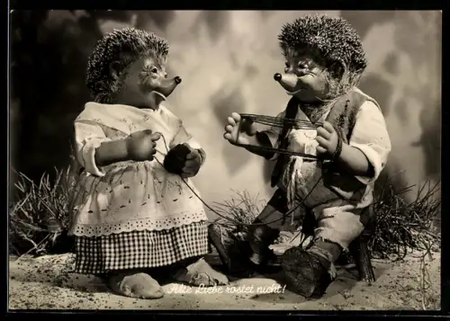 AK Alte Liebe rostet nicht! Mecki-Paar beim Wolleaufrollen