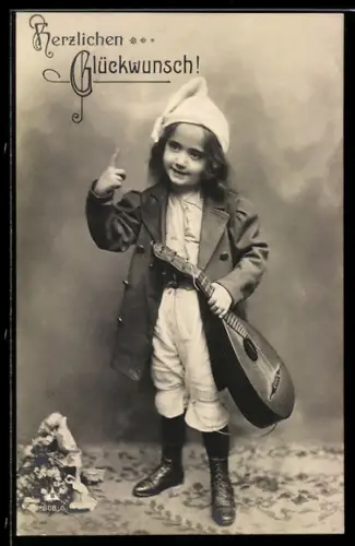 AK Kleines Kind mit Laute und Zipfelmütze