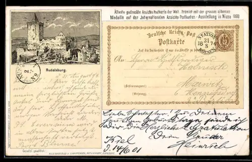 AK Rudelsburg, Mit ältester gedruckter Ansichtskarte der Welt, ausgestellt in Nizza 1899, Ansichtskartengeschichte
