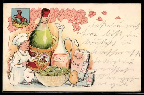 AK Esslingen a. Neckar, Junges Kind als Koch mit Hengstenberg`s Weinessig, Zutaten in vermenschlichter Form