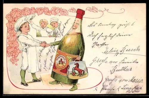 AK Als Koch verkleidetes Kind schüttelt die Hand einer Flasche von Hengstenberg`s Weinessig, Metamorphose