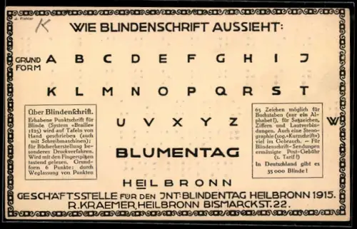 AK Heilbronn, Blumentag, Geschäftsstelle f. d. Int. Blindentag 1915, Blindenschrift