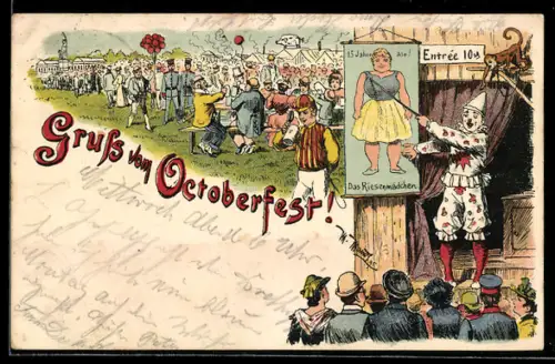 Lithographie München, Trinkende Menschen auf dem Oktoberfest 1902, Pierrot deutet auf ein Riesenmädchen