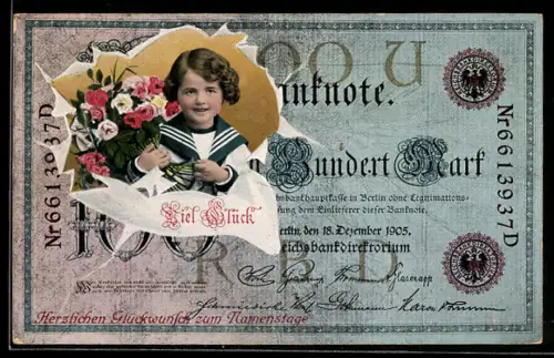 AK Reichsbanknote 100 Mark, Kleines Kind im Matrosenanzug mit Blumenstrauss