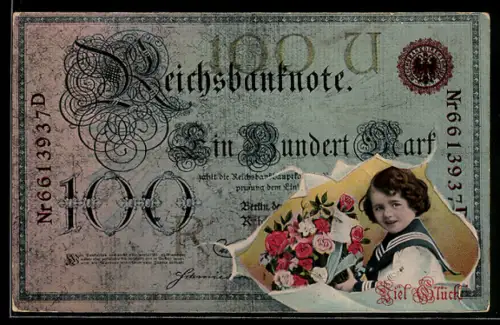 AK Reichsbanknote 100 Mark, Kind im Matrosenanzug mit Blumenstrauss