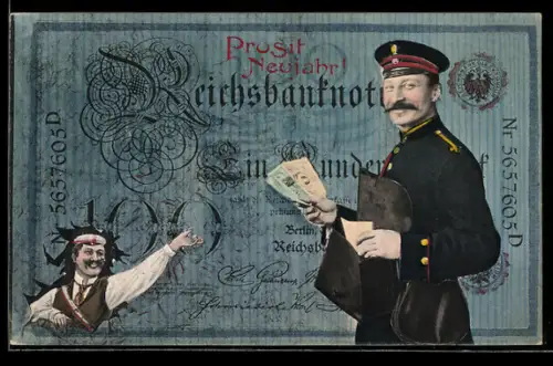AK Reichsbanknote 100 Mark, Postbote mit Banknoten