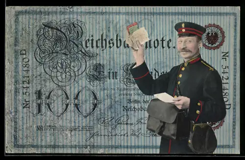 AK Reichsbanknote 100 Mark, Postbote mit Geldsendung