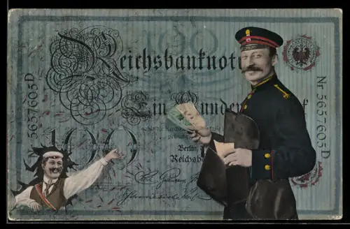 AK Reichsbanknote 100 Mark, Postbote mit Geldscheinen