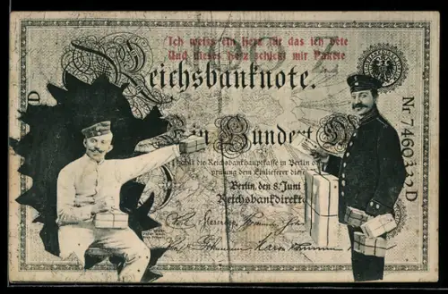 AK Reichsbanknote 100 Mark, Postbote bringt Feldpostpäckchen, Soldat mit Paket