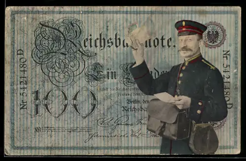 AK Reichsbanknote 100 Mark, Postbote mit Geldsendung