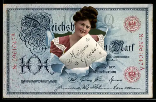 Passepartout-AK Fräulein mit Grusskarte durch zerrissenes Papier eines Geldscheines