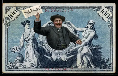 AK Geldschein 100 Reichsmark, Mann wünscht Prosit Neujahr