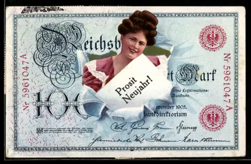 Passepartout-AK Fräulein mit Grusskarte durch zerrissenes Papier eines Geldscheines