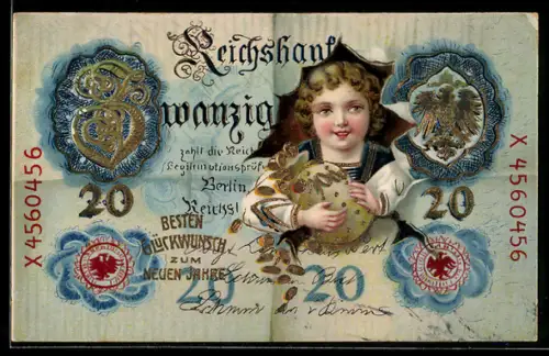 AK Kind mit Geldsack auf Banknote