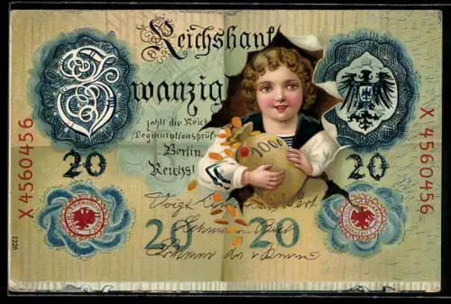 AK Kind mit Geldsack auf Banknote