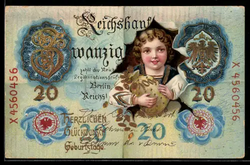 AK Kind mit Geldsack auf Banknote