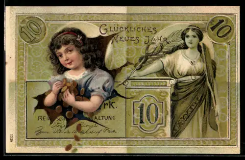 AK Reichsbanknote 10 Mark, Kind mit Goldmünzen