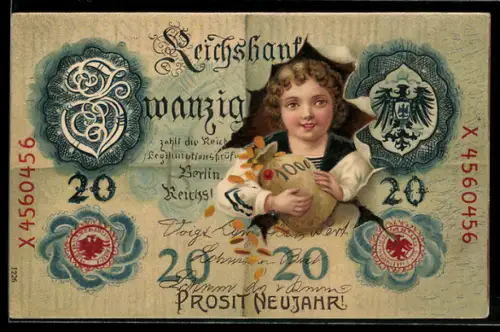 AK Kind mit Geldsack auf Banknote