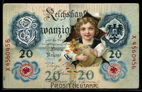 AK Reichsbank Zwanzig Mark, Mädchen mit Sack voller Münzen