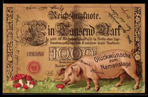AK Reichsbanknote Tausend Mark, Glücksschwein & Fliegenpilze