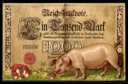 AK Geldschein Reichsbanknote 1000 Mark, Glücksschwein, Fliegenpilze