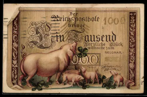 AK Geldschein 1000 Mark, Glücksschweine mit Kleeblättern, Neujahr