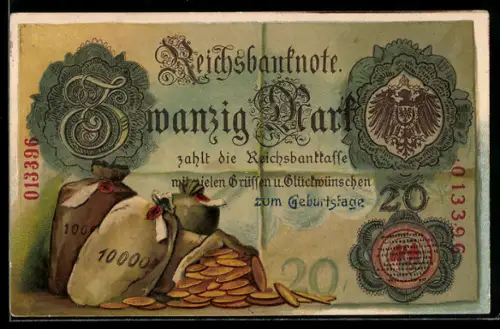 AK Reichsbanknote über Zwanzig Mark, Reichsadler und Geldsäcke