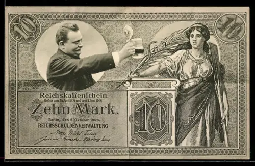 AK Zehn Mark Schein, Mann hebt grüssend sein Bier gen Germania