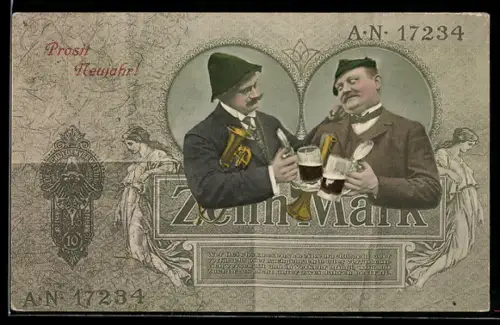 AK Reichsbanknote 10 Mark, Zwei Herren stossen zu Neujahr mit Biergläsern an