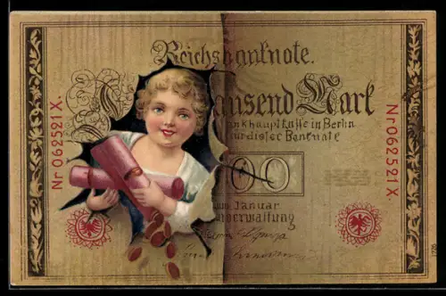 AK Mädchen mit Geldmünzen schaut durch Reichsbanknote Ein Tausend Mark