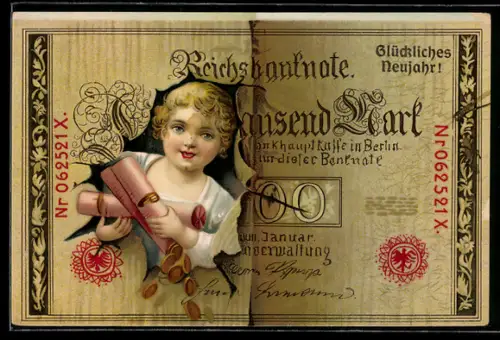 AK Mädchen mit Geldmünzen schaut durch Reichsbanknote Ein Tausend Mark