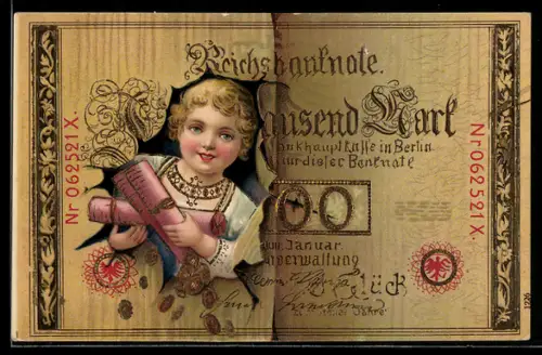 AK Mädchen mit Geldmünzen schaut durch Reichsbanknote Ein Tausend Mark