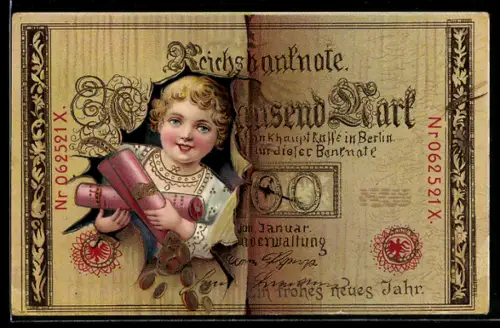 AK Mädchen mit Geldmünzen schaut durch Reichsbanknote Ein Tausend Mark