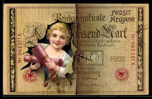 AK Mädchen mit Geldmünzen schaut durch Reichsbanknote Ein Tausend Mark