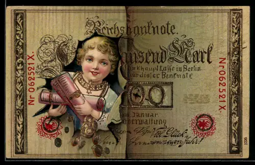 AK Reichsbanknote 1000 Mark, Kind mit Münzrollen