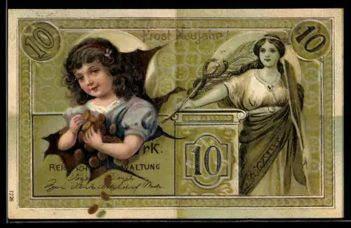 AK 10 Mark Schein, Mädchen mit Geldmünzen, Frau mit Schlangenstab, Prosit Neujahr