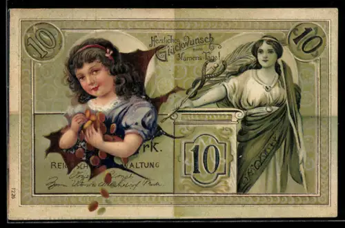 AK 10 Mark Schein, Mädchen mit Geldmünzen, Frau mit Schlangenstab, Prosit Neujahr