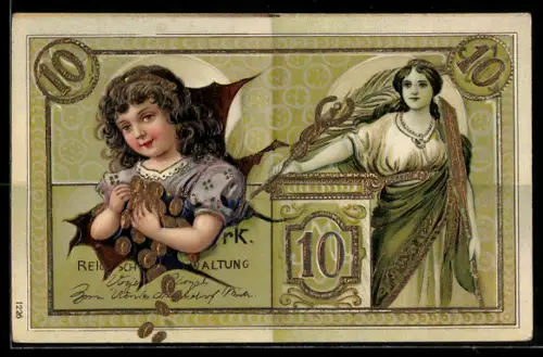 Präge-AK Reichsbanknote 10 Mark, Kind mit Goldmünzen
