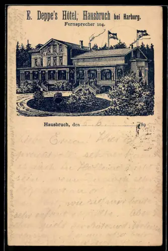 Vorläufer-Lithographie Ganzsache PP9 F285 /01: Hausbruch bei Harburg, 1895, E. Deppe`s Hotel mit Garten