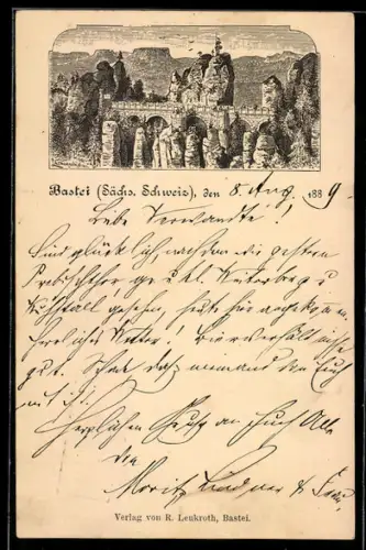 Vorläufer-Lithographie Ganzsache PP6 F20: Bastei /Sächs. Schweiz, 1889, Panoramaansicht mit Felsen