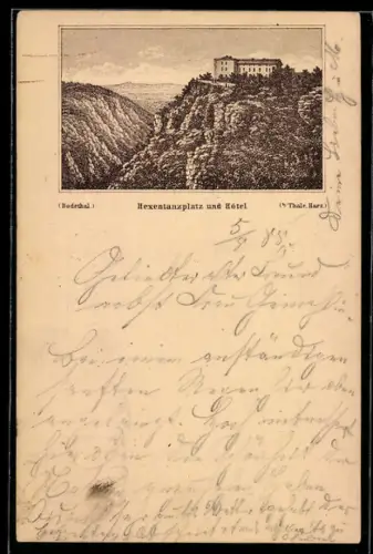 Vorläufer-Lithographie Ganzsache PP6 F71: Thale /Harz, 1888, Blick auf das Hotel am Hexentanzplatz