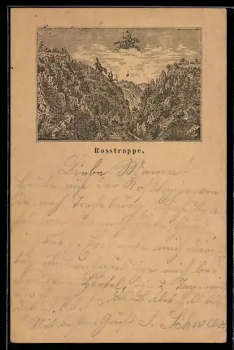 Vorläufer-Lithographie Ganzsache PP6 F118 /014: Rosstrappe, 1888, Der Sprung über die Schlucht