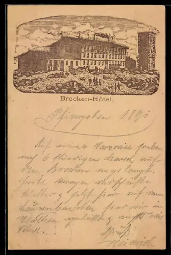 Vorläufer-Lithographie Ganzsache PP9 F229 /04: Brocken, 1891, Blick zum Brocken-Hotel