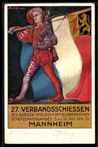 Künstler-AK Ganzsache PP27 C267 /01: Mannheim, 27. Verbandsschiessen Juli 1914, Flaggenträger, Schützenverband