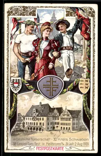 AK Ganzsache PP27 C105: Heilbronn a. N., 38. Landes-Turn-Fest 1909, Turner mit Fahnen und Wappen