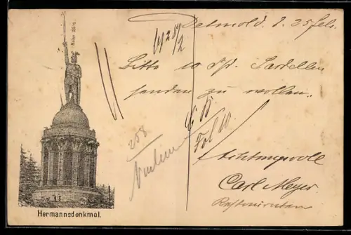 Vorläufer-Lithographie Blick zum Hermannsdenkmal, 1886, Frech unbekannt, Ganzsache