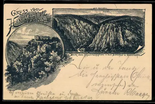 Vorläufer-Lithographie Ganzsache PP6 F71/016: Thale /Harz, 1889, Hotel Hexentanzplatz über dem Bodethal