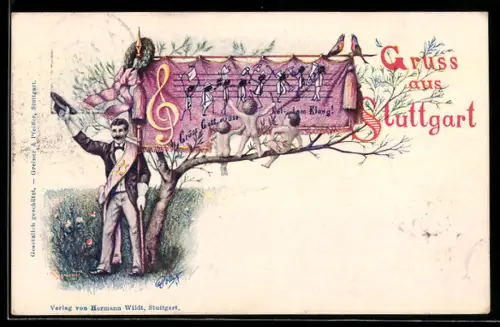 Lithographie Ganzsache PP11 E10: Stuttgart, Mann mit Schärpe zum Sängerfest mit Kindern, die auf einem Ast sitzen