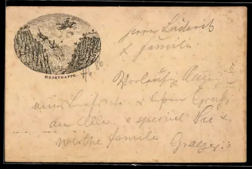 Vorläufer-Lithographie Ganzsache PP6 F118: Thale, 1886, Rosstrappe, Sprung über die Schlucht