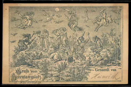 Vorläufer-Lithographie Ganzsache PP9 F292 /016: Hexen tanzen und fliegen auf dem Hexentanzplatz, 1891